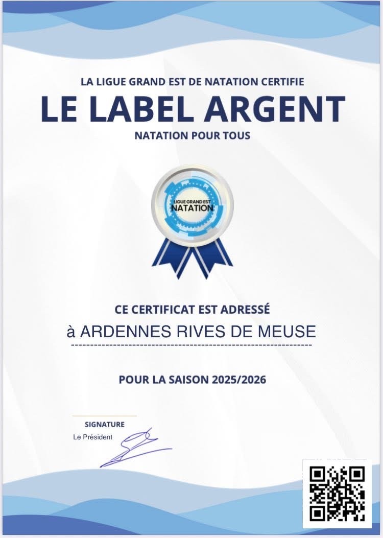 Deuxième certificat Label Argent 2025-2026 obtenu par Ardenne Rives de Meuse Natation